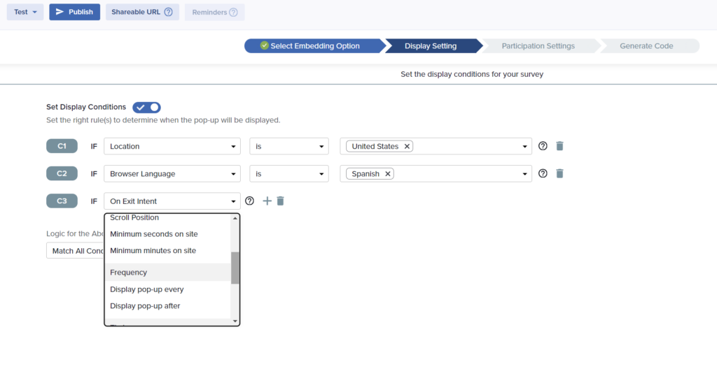 pop-up display settings