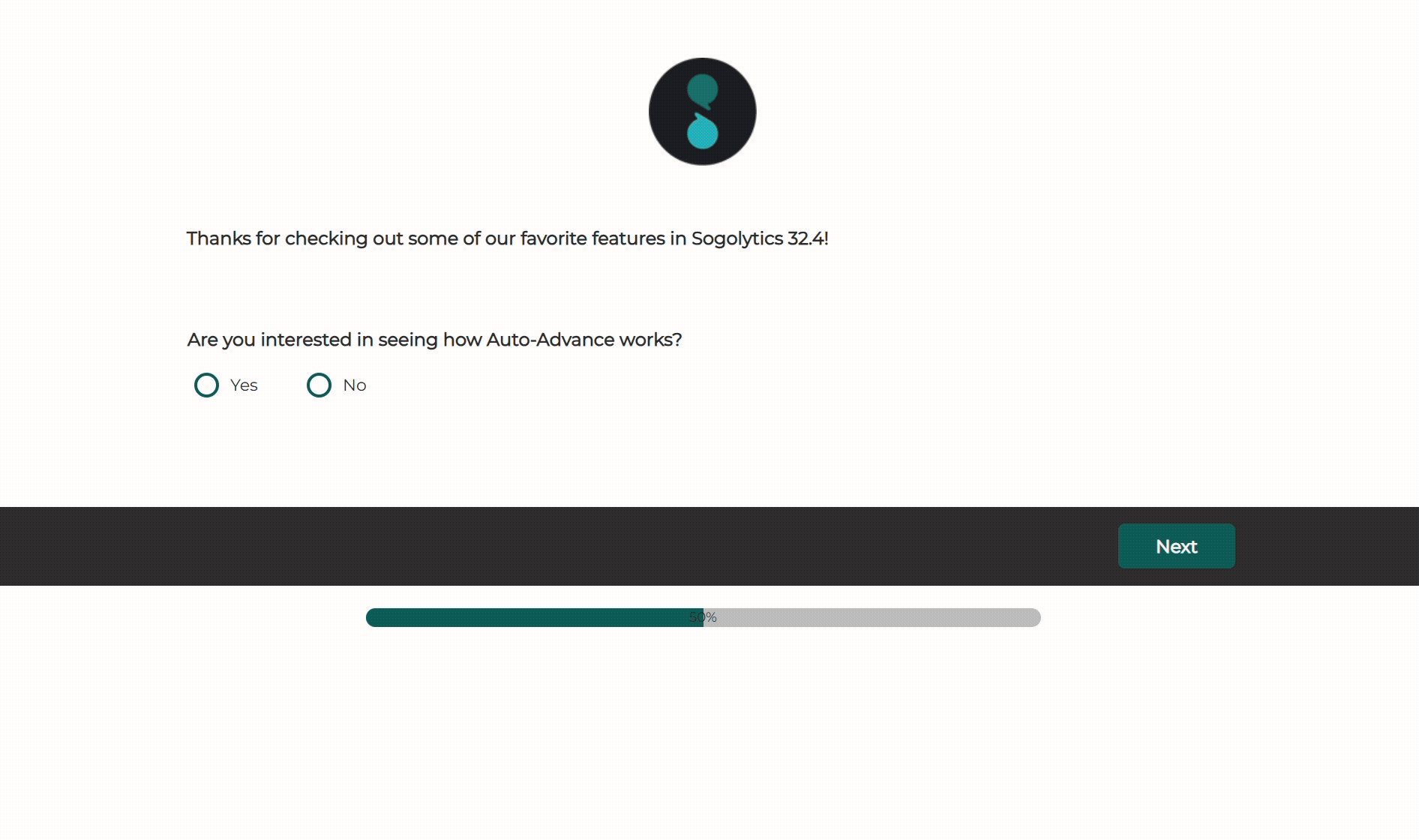Gif of Auto-Advance and Auto-Submit features from Sogolytics release 32.4